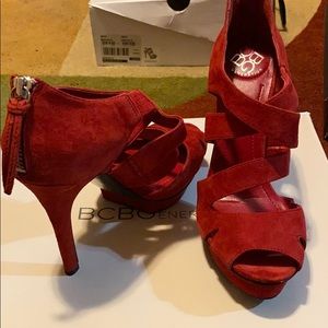 BCBG Red Suede Strappy Peep Toe Heels